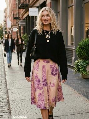 Ann Taylor 100% Silk Floral Pleated A-Line Skirt 8 M Pink Purple Watercolor Luxe